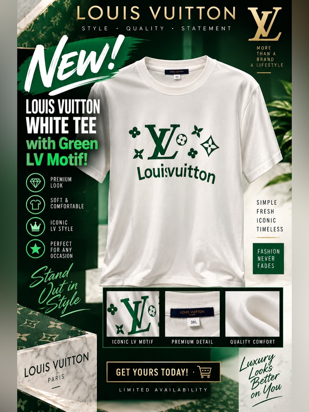 New!🔥Louis Vuitton White Tee with Green LV Motif!🔥
